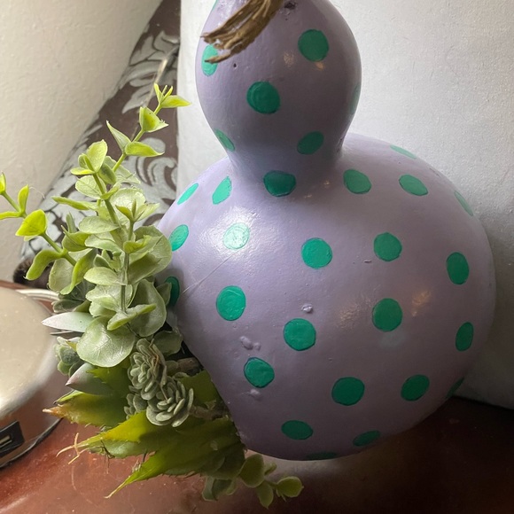 Hand crafted painted dried gourd planter purple aqua blue dots faux succulents - Picture 12 of 16